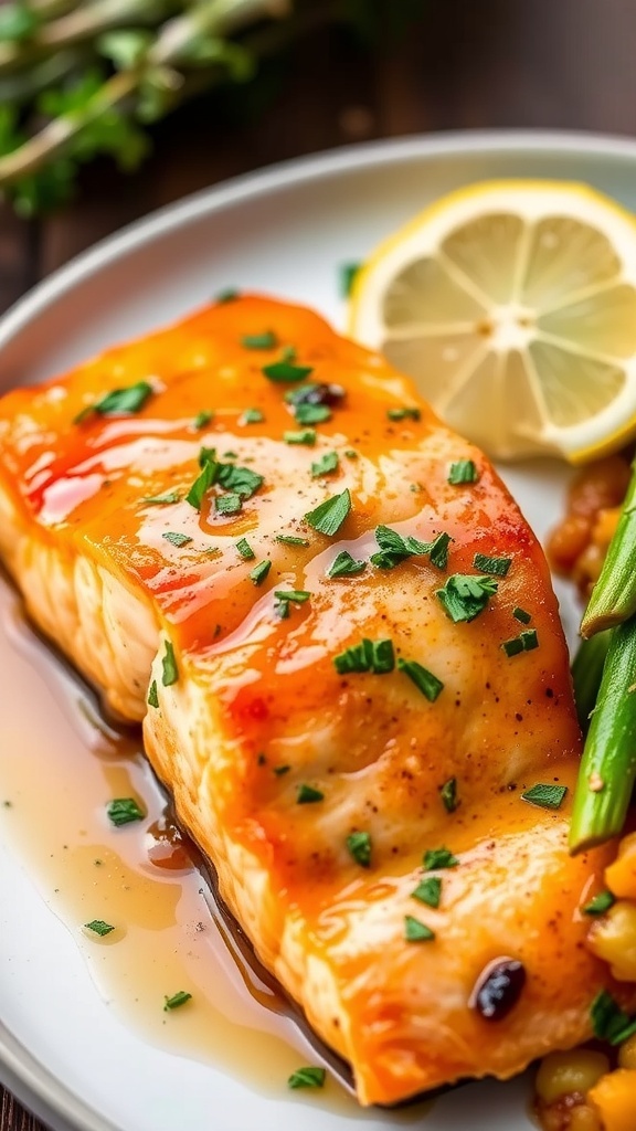 Maple Glazed Air Fryer Salmon Recipe Air fryer salmon fillet glazed with maple syrup, garnished with herbs and lemon wedges, served with vegetables.